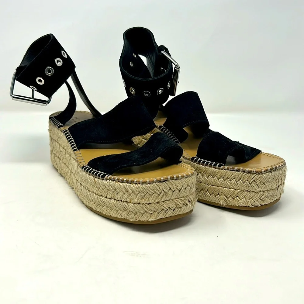Rag & Bone Black Suede Leather Square Toe Espadrille Platform Buckle Sandals